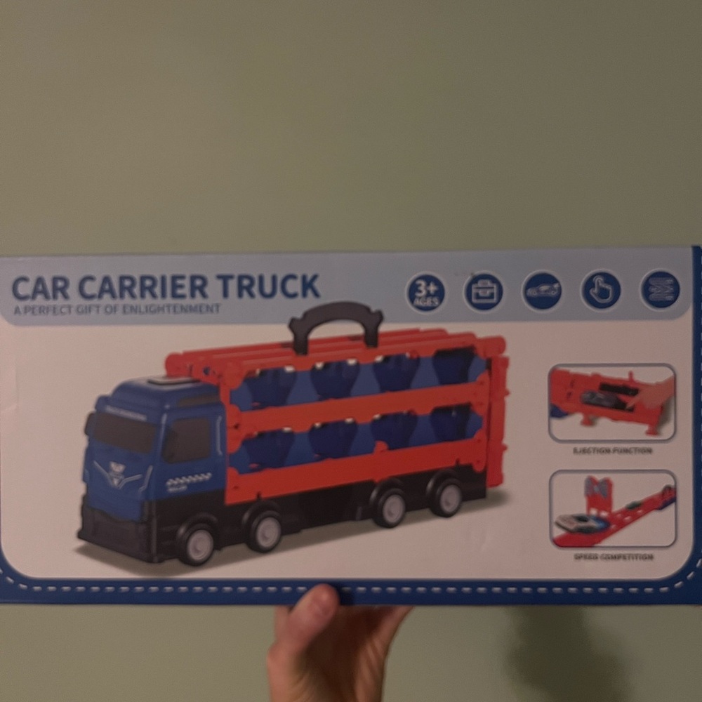 NEW IN THE BOX Blue and Red Car Carrier Truck Toy